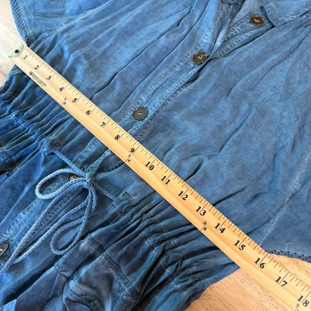 XCVI Lightweight Button Up Jacket Size S Pockets 3/4 Sleeve Blue Cinch Waist